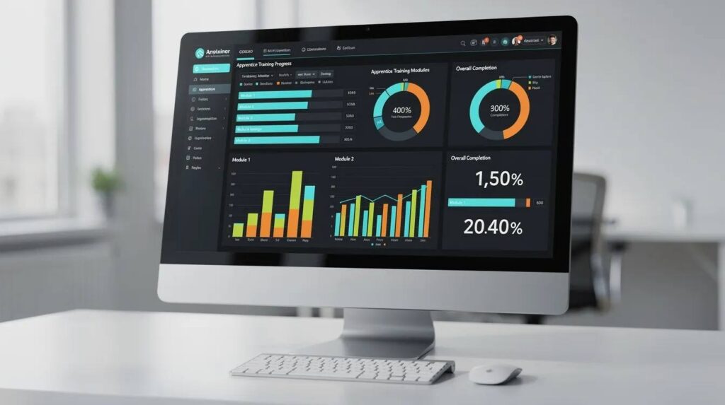 The image displays a digital dashboard on a computer screen, showcasing apprentice training progress through bar charts and completion percentages. This employee training tracking software effectively visualizes training data, helping to monitor employee progress and assess training effectiveness.