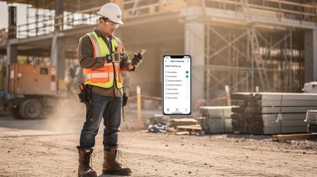 A construction worker wearing safety gear is using a smartphone on a job site to log training tasks, highlighting the importance of employee training tracking software for managing training records and tracking employee progress. The scene emphasizes the role of technology in ensuring compliance with safety training and facilitating effective training programs.