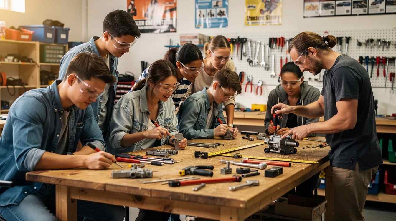 pre-apprenticeship-management (1) A group of young people in a workshop, utilizing hand tools under the guidance of an instructor in a pre apprenticeship program.
