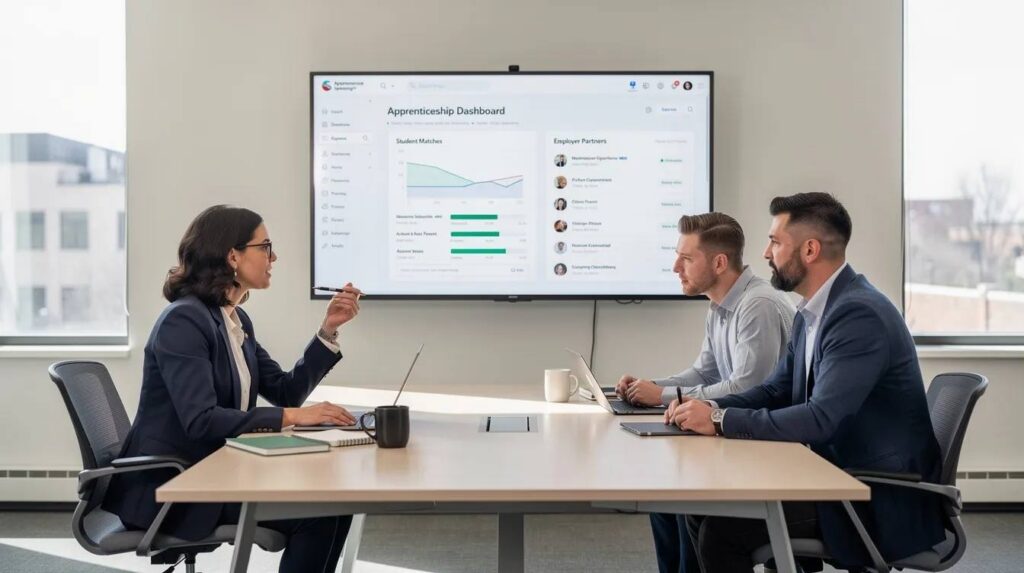 The image depicts a collaborative workspace where a school administrator, an employer representative, and a workforce board member are engaged in a discussion while viewing an apprenticeship management platform on a shared screen. This setting highlights the importance of teamwork in managing registered apprenticeship programs and ensuring compliance with state requirements.