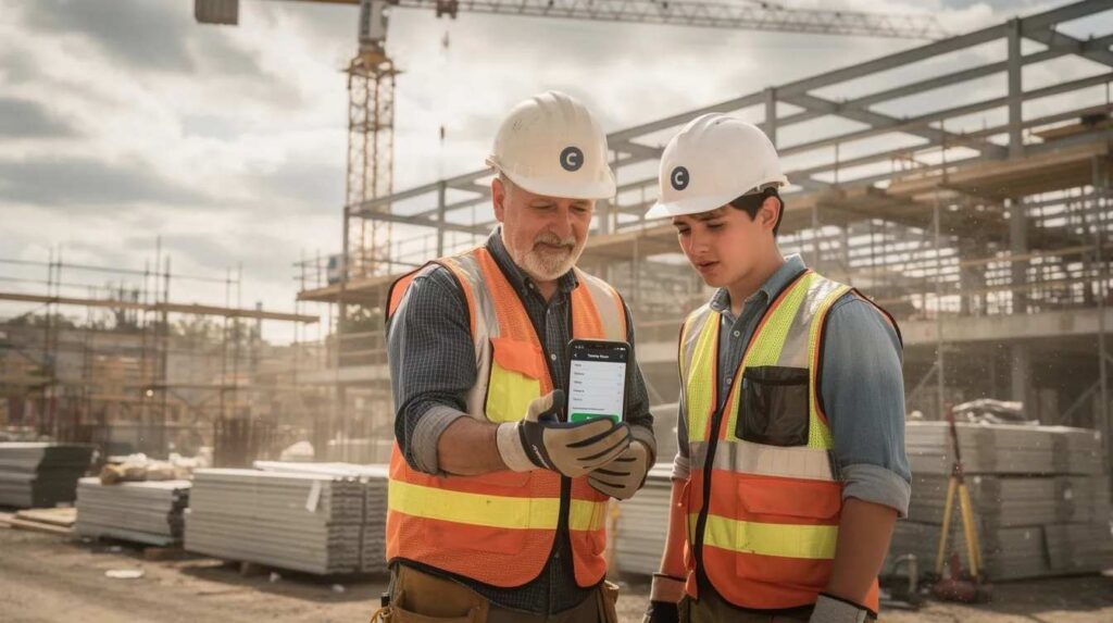 A mentor and a young apprentice are standing at a construction site, with the mentor using a smartphone to review and approve the apprentice's training hours. This scene highlights the importance of apprenticeship management software in tracking on-the-job training (OJT) hours and ensuring compliance with registered apprenticeship programs.