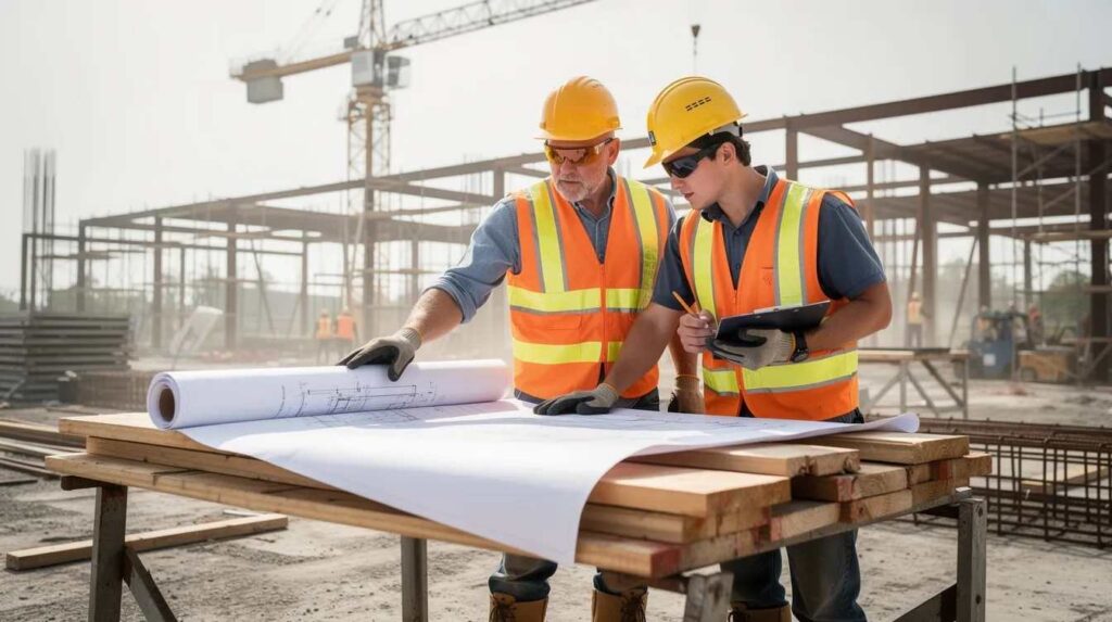 A mentor and apprentice are collaborating on a construction job site, both equipped with safety gear as they review the apprentice's progress. This scene emphasizes the importance of registered apprenticeship programs in providing hands-on training and support for future careers in the labor market.