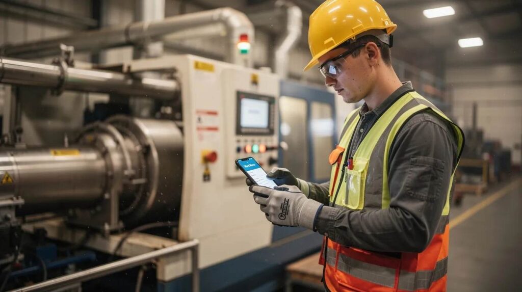 An apprentice stands near industrial equipment, using a smartphone to log their work hours as part of their registered apprenticeship program. This process helps track on-the-job training hours and manage the apprentice's progress within the apprenticeship management platform.