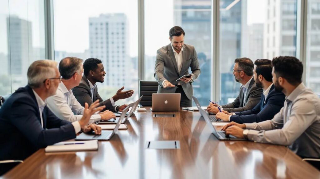 The image depicts a diverse team of workforce professionals collaborating around a conference table, each engaged with their laptops as they discuss strategies for enhancing registered apprenticeship programs. This dynamic setting highlights the importance of teamwork in managing apprenticeship tracking software and ensuring compliance with state requirements to support apprentices' progress and achievements.