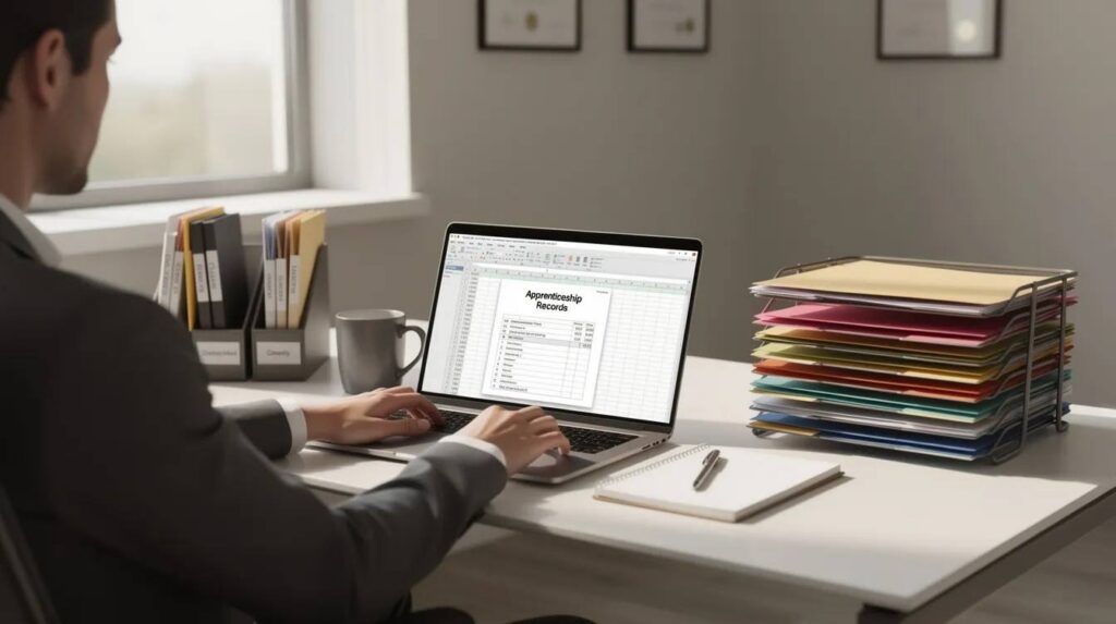 A person is seated at a desk, focused on reviewing apprenticeship records displayed on a laptop screen, with neatly organized folders nearby. This scene highlights the importance of maintaining compliance with registered apprenticeship programs and ensuring that all documentation meets federal and state regulations.