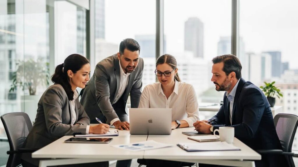 A diverse group of professionals is collaborating around a laptop in a modern office, discussing their project related to apprenticeship program management. Their engagement highlights the importance of teamwork in achieving program success and ensuring compliance with industry standards.
