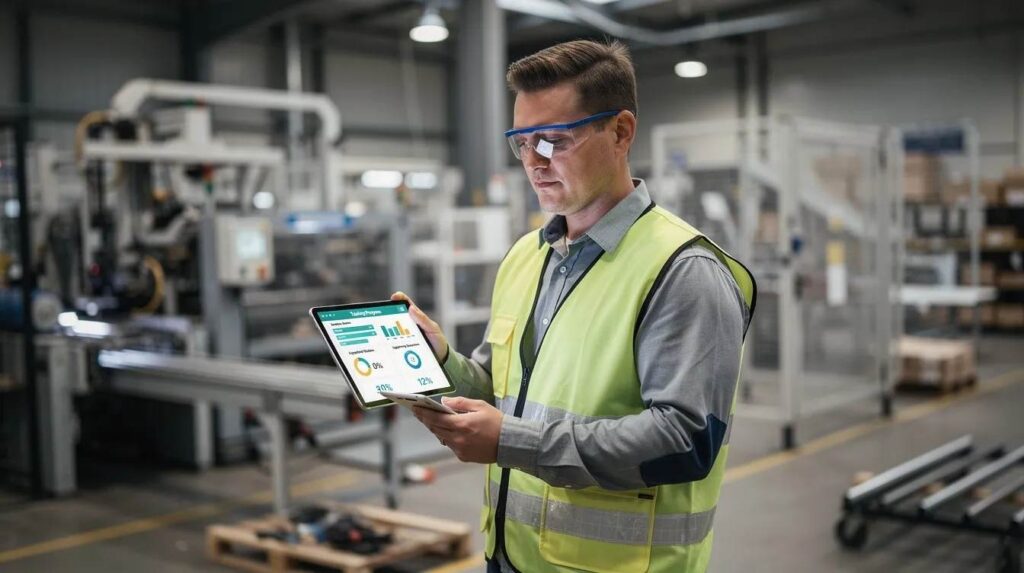 A person stands in an industrial workspace, using a tablet to review training progress data related to their registered apprenticeship program. The scene highlights the importance of progress monitoring in developing a skilled workforce through on-the-job training and related technical instruction.