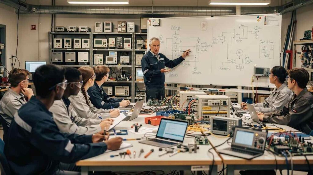In a workshop classroom, apprentices are seated at workstations equipped with technical tools, attentively learning from an experienced mentor who is explaining concepts at a whiteboard. This setting emphasizes the importance of related technical instruction (RTI) as part of their registered apprenticeship program, helping to develop a highly skilled workforce.
