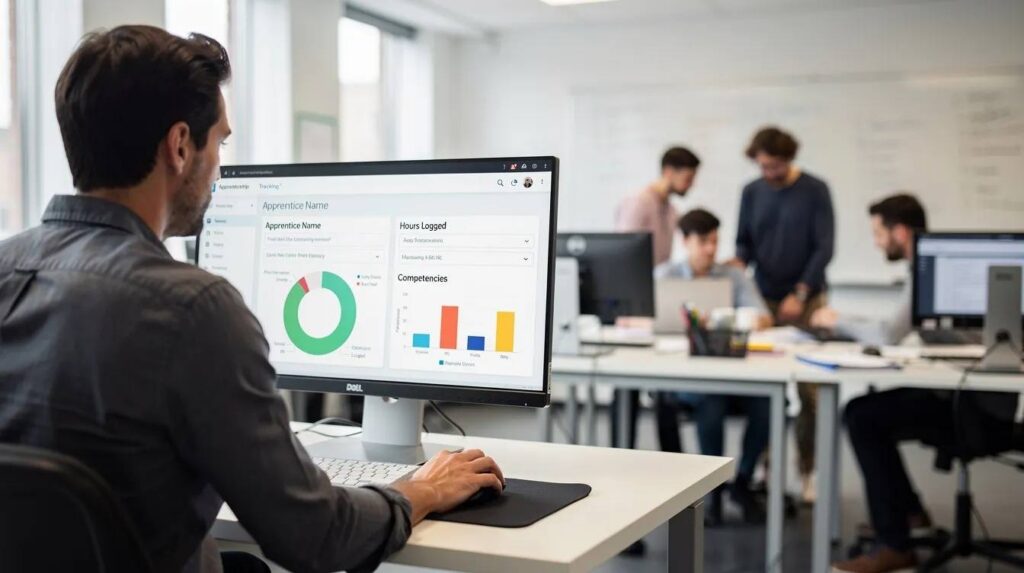 An instructor is seated at a computer screen, reviewing an apprenticeship tracking dashboard that monitors the progress of students engaged in registered apprenticeship programs, while students work diligently in the background on their tasks. This scene highlights the integration of education and workforce development within community colleges, emphasizing the importance of mentorship and program management in enhancing apprenticeship experiences.
