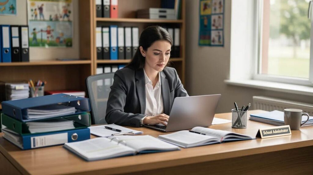 A school administrator sits at a desk working on a laptop, surrounded by stacked folders and documents. They are likely analyzing data related to student progress and outcomes, utilizing tools to support the response to intervention (RTI) process and effectively monitor the effectiveness of intervention programs.