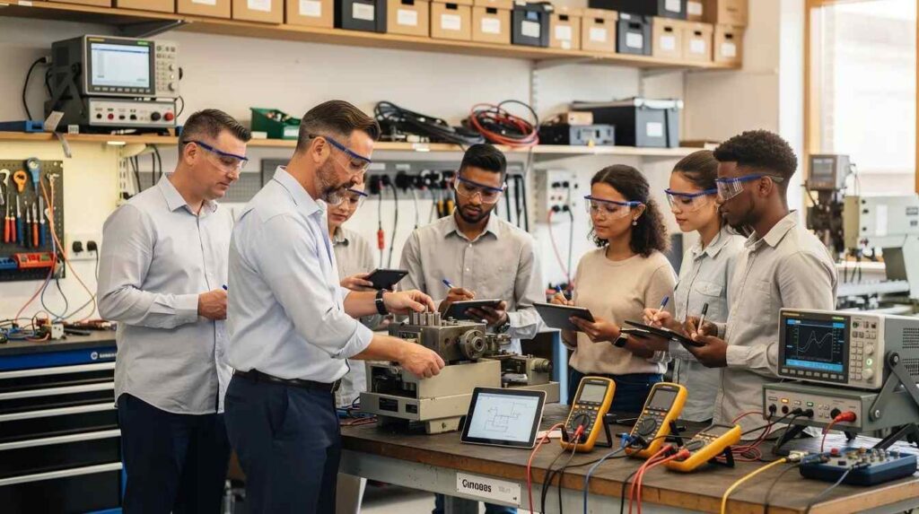 A diverse group of apprentices is collaborating in a community college technical lab, where an instructor is demonstrating equipment related to their apprenticeship programs. This scene highlights the importance of workforce development and the hands-on training provided by technical education institutions.