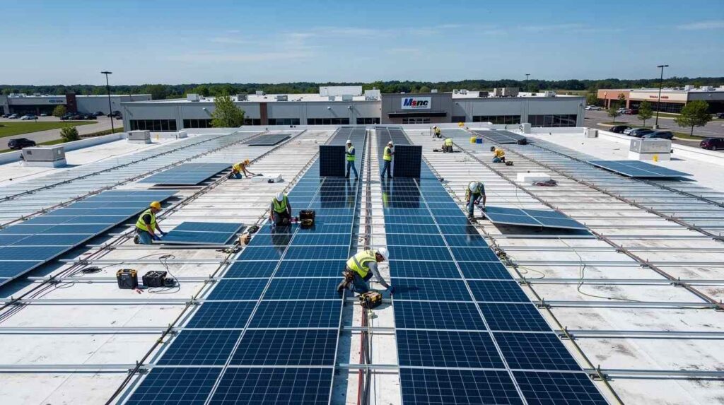 A group of construction workers is seen installing solar panels on a large commercial rooftop under a clear blue sky, showcasing their on-the-job training in renewable energy projects. This scene highlights the importance of apprenticeship programs in developing skilled workers for the growing solar industry.