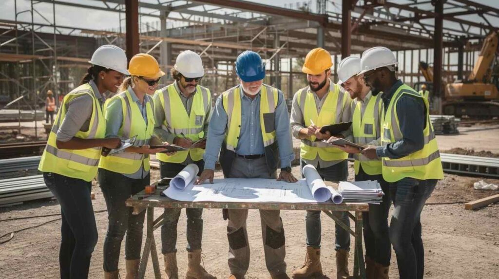 A diverse group of apprentices collaborates with their mentor at a job site, reviewing their work and engaging in on-the-job training. This scene highlights the supportive environment of registered apprenticeship programs that foster workforce development and skill enhancement.