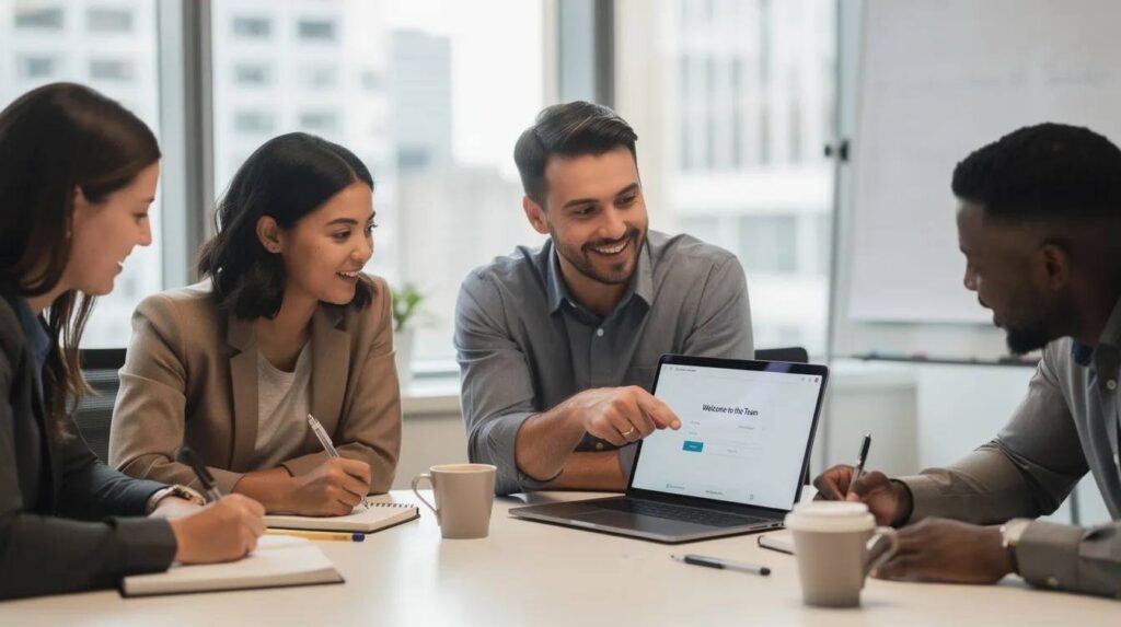 A small team of diverse individuals is gathered around a laptop during an onboarding session, discussing details related to a registered apprenticeship program. They appear engaged as they explore resources and tools for workforce development and on-the-job training opportunities.