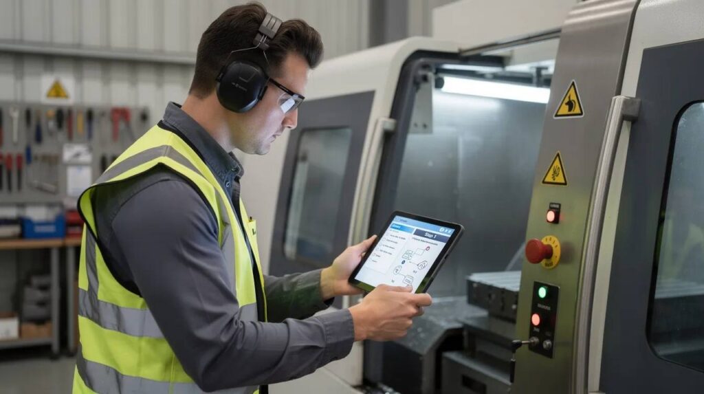 An apprentice in a manufacturing workshop is using a tablet device to access digital work instructions and review step-by-step procedures, while standing next to various industrial equipment. This setup facilitates hands-on training and enhances understanding of complex processes through interactive tools and multimedia support.