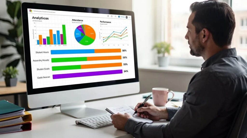 The image shows a coordinator at a desk, intently reviewing a computer dashboard filled with colorful charts that display student hours and progress bars. This visual representation highlights data collection related to student participation and progress in work based learning programs, emphasizing the importance of tracking student success and career readiness.