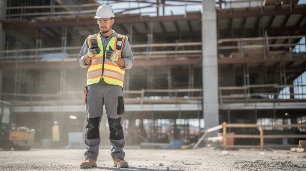 A construction worker in work clothes is using a smartphone to log training information on-site, with the skeletal framework of a building visible in the background. This scene highlights the integration of training management software in tracking employee training progress and managing training sessions effectively.