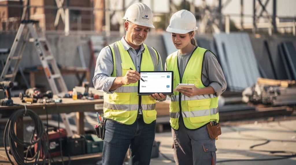 A supervisor and a young employee are collaborating on a tablet, reviewing the employee's training progress at a job site, with various tools and equipment visible in the background. This scene highlights the use of training management software for tracking employee training and ensuring effective progress in their training programs.