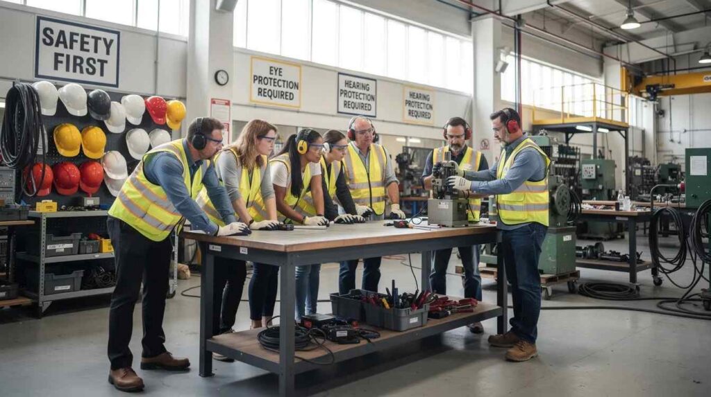 The image depicts a modern industrial workshop where employees are gathered around a workbench, engaged in a hands-on training demonstration, with various safety equipment visible. This scene highlights the importance of employee training programs and the use of training management software to enhance skills development and ensure compliance training.