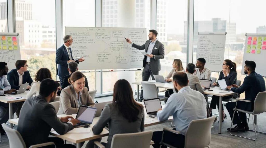 A diverse group of professionals is engaged in a workshop within a well-lit training room, equipped with laptops and whiteboards, highlighting the collaborative nature of their learning experience. This setting emphasizes the importance of effective training management software and structured training programs in enhancing employee skills and compliance training.