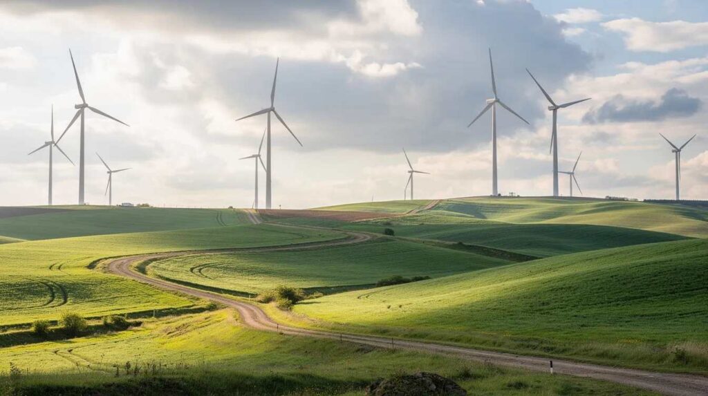 The image depicts a serene landscape featuring wind turbines gracefully positioned on rolling green hills beneath a partly cloudy sky, symbolizing renewable energy projects. This scene reflects the potential for workforce innovation and training outcomes in sustainable energy sectors, highlighting the importance of apprenticeship programs for future job development.