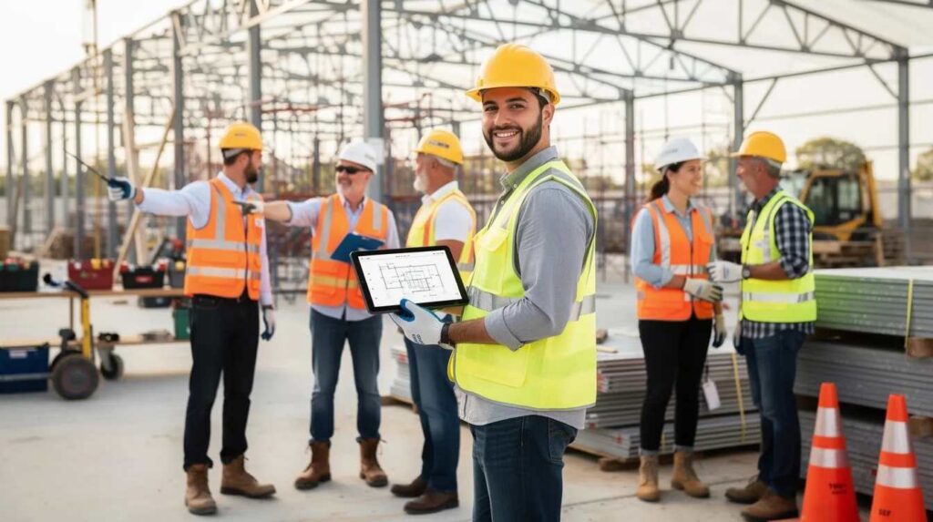 A diverse group of apprentices is collaborating with their supervisors at a modern job site, with one individual holding a tablet to access training programs. This scene highlights the importance of employee training and the use of a powerful learning management system to facilitate skill development in real-world environments.