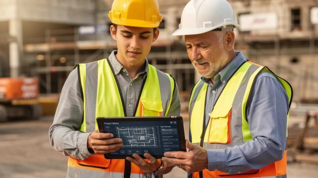A young professional and their mentor are engaged in a discussion while reviewing information on a tablet at a worksite, highlighting the importance of work based learning and student participation in career readiness programs. This collaborative moment emphasizes the support and guidance essential for student success in their WBL journey.