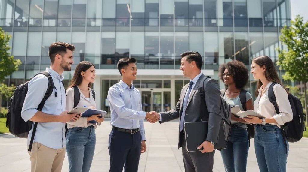 The image shows a diverse group of students and an employer shaking hands outside a modern workplace building, symbolizing the importance of employer partnerships in work based learning programs. This moment highlights student participation and career readiness as they embark on their work based learning journey together.