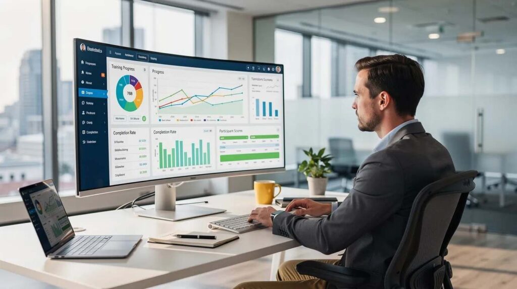A training program manager is intently reviewing progress data displayed on a large monitor in a modern office, focusing on employee training metrics and tracking employee progress. The scene highlights the use of employee training management software to assess training effectiveness and manage training courses efficiently.