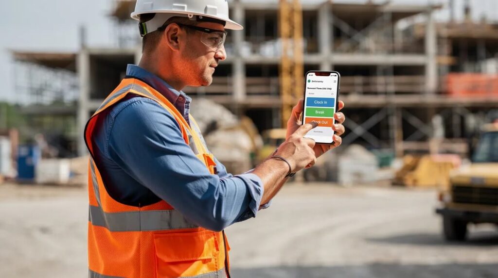 A person is outdoors at a job site, using a smartphone app to log their work hours, demonstrating the integration of technology in the workforce for efficient time management
