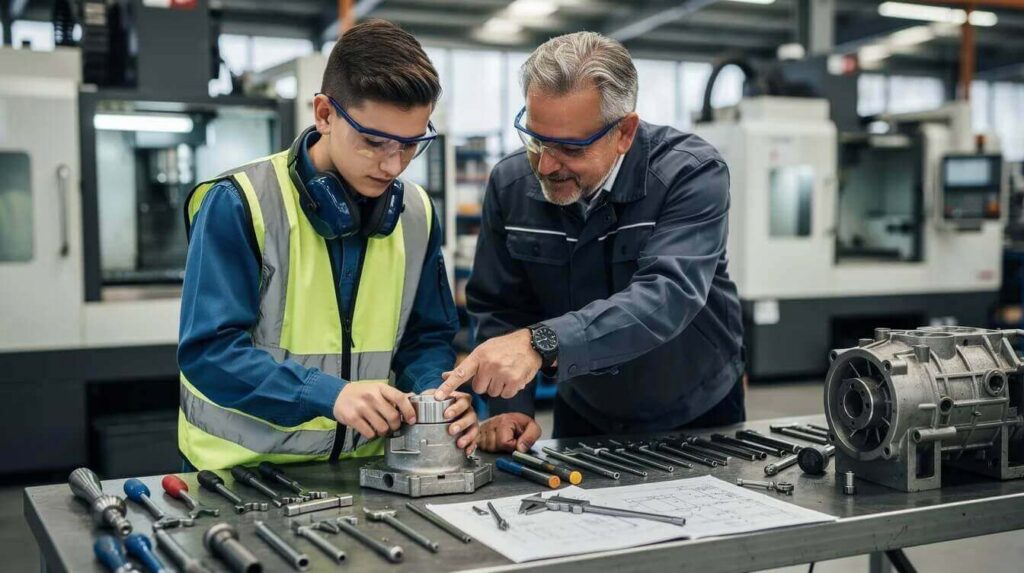 A young adult is collaborating with an experienced mentor at a workbench in a manufacturing facility