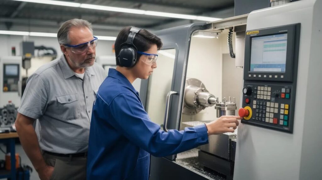 An apprentice is operating a CNC machine while a supervisor observes nearby