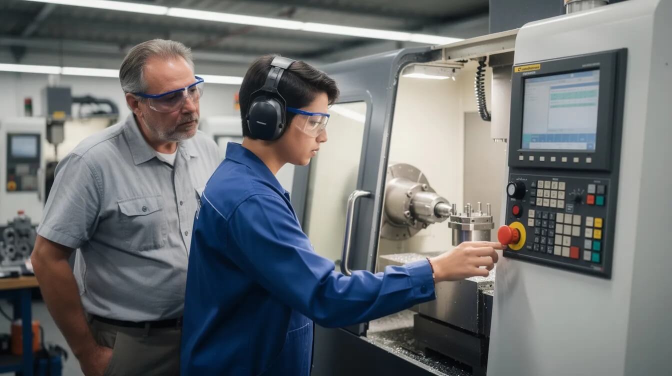 An apprentice is operating a machine with a supervisor (1) An apprentice operating a CNC machine while a supervisor observes nearby.