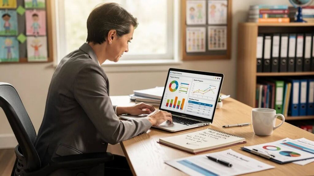 An educator is seated at a desk in a school office, intently reviewing program data displayed on a laptop screen. This scene highlights the integration of work based learning and career preparation activities, emphasizing the importance of data in enhancing career and technical education for students.