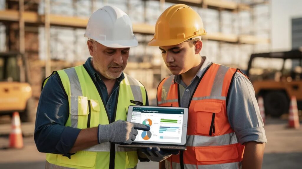 A supervisor and a young professional wearing hard hats and high-visibility safety vests review training progress on a tablet at a job site, highlighting hands-on apprenticeship programs, workplace learning, and mentorship in the construction and equipment industry.