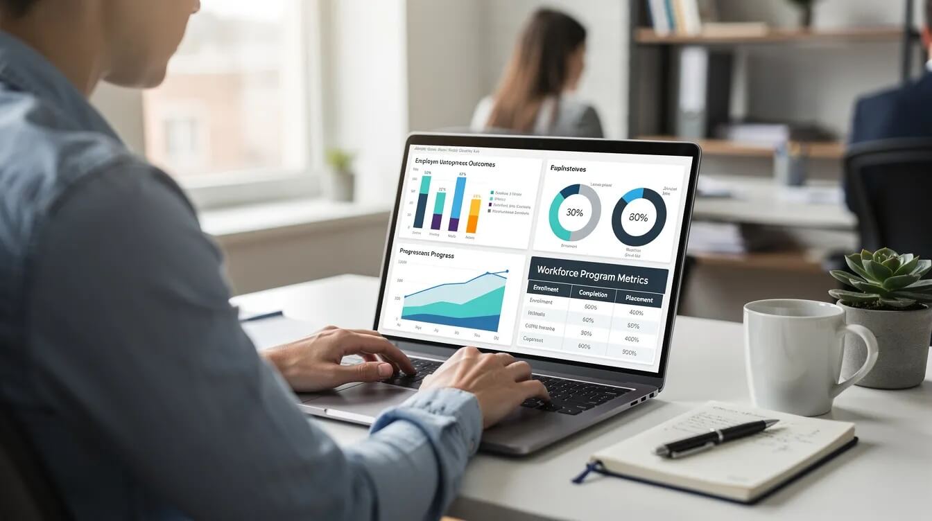 Data Management Software for Innovation A professional is focused on reviewing workforce program data on a laptop