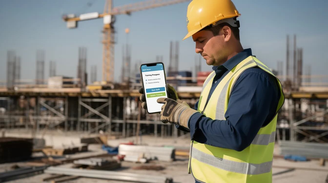 Data Management Software A construction worker is using a smartphone on-site to log their work hours and track training progress