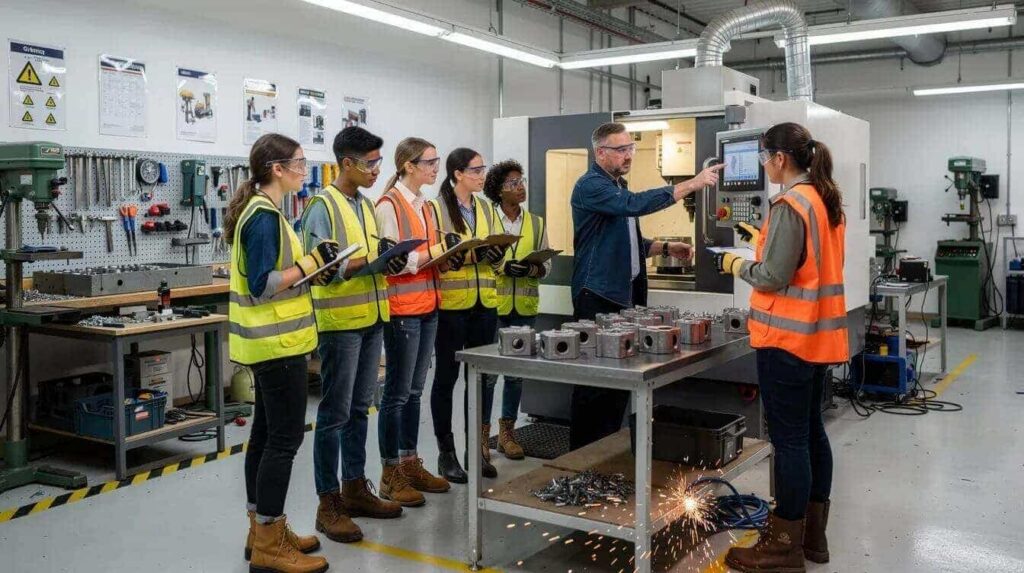 A group of students dressed in safety gear collaborates with a professional mentor in a manufacturing workshop, engaging in hands-on work based learning experiences that enhance their technical education and career readiness. This setting fosters career exploration and prepares students for future employment opportunities through formal training and practical skills development.