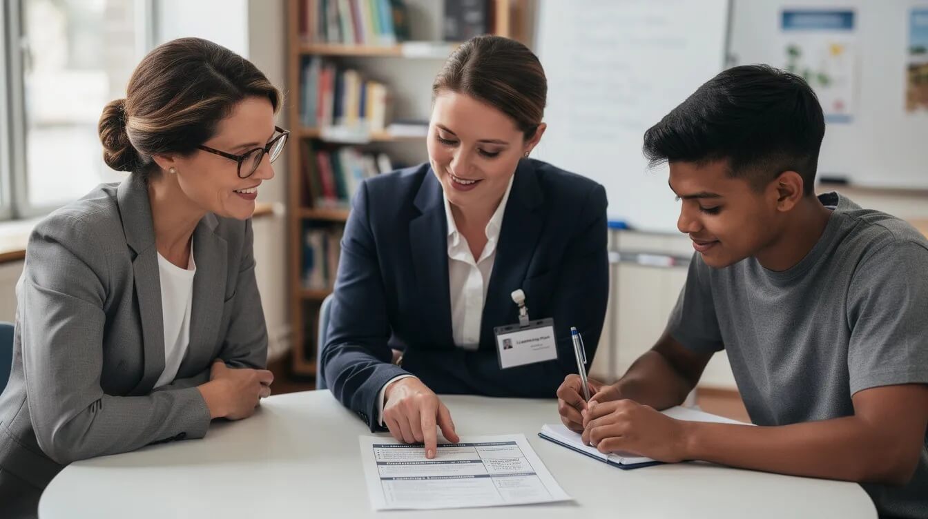 Designing and Implementing Work-Based Learning Programs A teacher, an employer representative, and a student are gathered around a table, reviewing a learning plan on paper that focuses on career and technical education. This collaborative effort emphasizes work based learning and career preparation activities, aimed at enhancing the student's employability skills and career readiness.