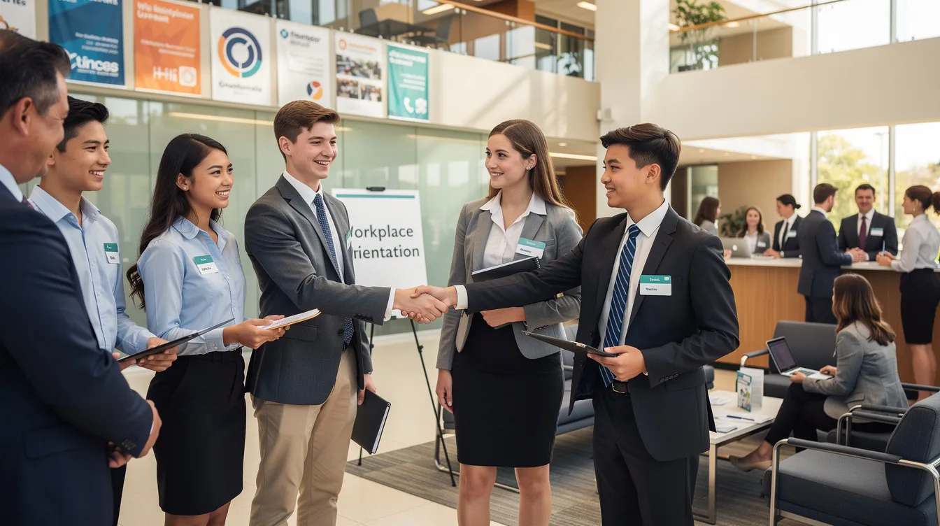 Employer Youth Apprenticeship_2 A group of high school students dressed in professional attire is engaged in a handshake with employers during a workplace orientation event, highlighting opportunities in youth apprenticeship programs and career pathways. This interaction emphasizes the importance of on-the-job learning and workforce development for young people entering the job market
