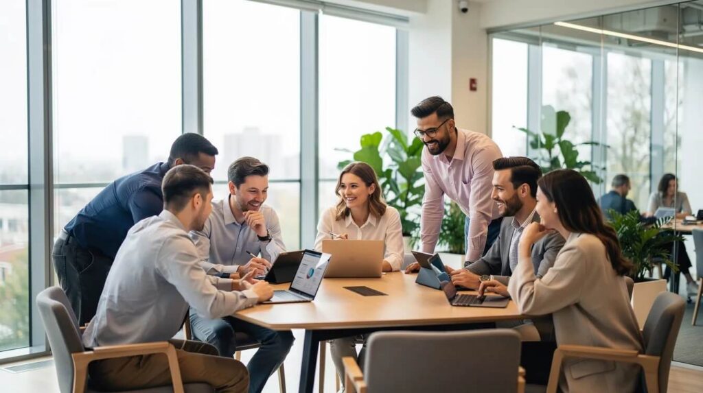 A diverse group of young professionals is collaborating in a modern office workspace, discussing ideas and working on projects that reflect their commitment to further education and enhancing their graduate employment outcomes. The environment showcases a blend of technology and teamwork, emphasizing the importance of skills gained through their bachelor's degrees and ongoing professional development.