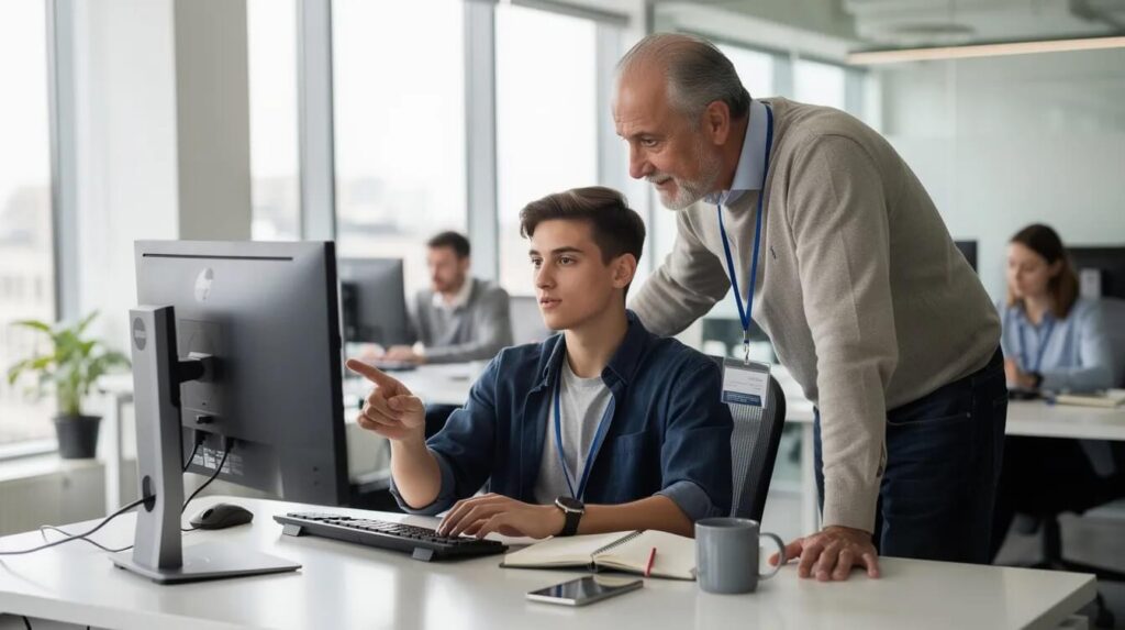 A young adult collaborates with a mentor at a computer workstation in a modern office, engaging in work based learning programs that enhance their technical education and career readiness. This professional setting provides hands-on experiences that help develop skills and prepare students for future career pathways.