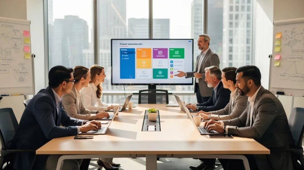 A business professional presents workforce management software to a team during a collaborative meeting, highlighting digital training tools, WIOA software solutions, data management, and technology-driven workforce development.