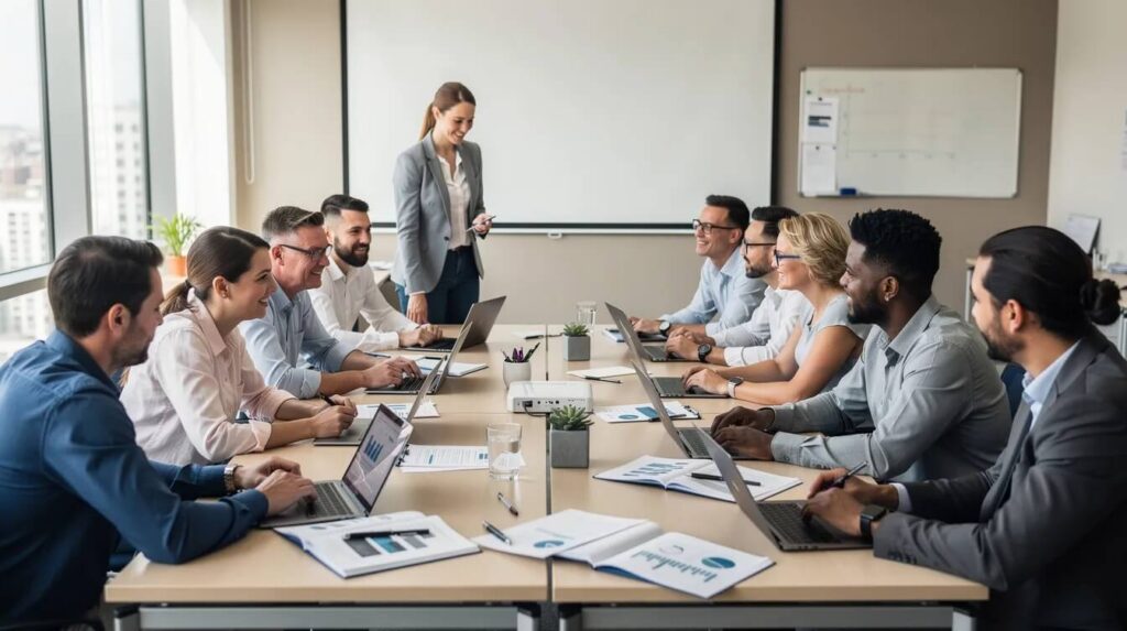 A diverse team of workforce professionals collaborates during a meeting with laptops and performance reports, illustrating WIOA data reporting, program monitoring, compliance management, and data-driven workforce development.