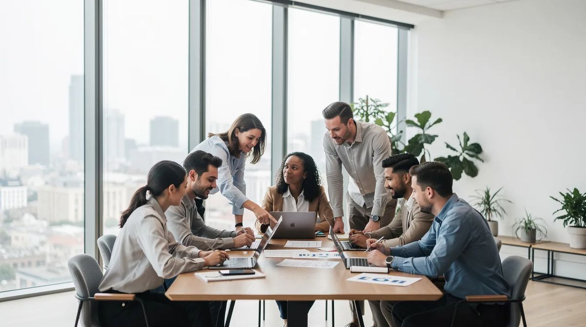 A group of professionals discussing the critical thinking and teamwork skills essential for workforce readiness, in order to support young people in training programs.