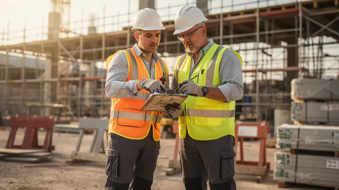 Real-World Program Spotlights An apprentice, dressed in work gear, is collaborating with a supervisor at a construction site, as they review plans on a clipboard. This scene highlights the importance of work-based learning and the development of technical skills essential for career success in the construction industry.