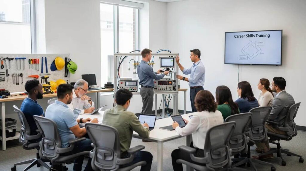 A diverse group of adults actively participating in a modern career training classroom