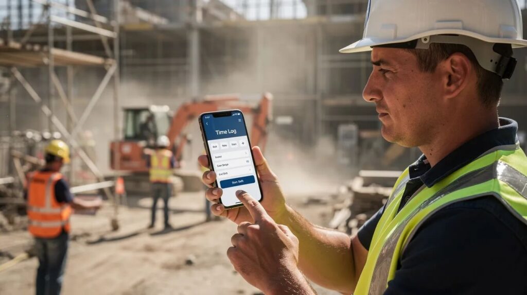 A worker uses a mobile workforce tracking app to record job activity, illustrating how WIOA data reporting software can support accurate data collection, compliance reporting, and performance tracking.