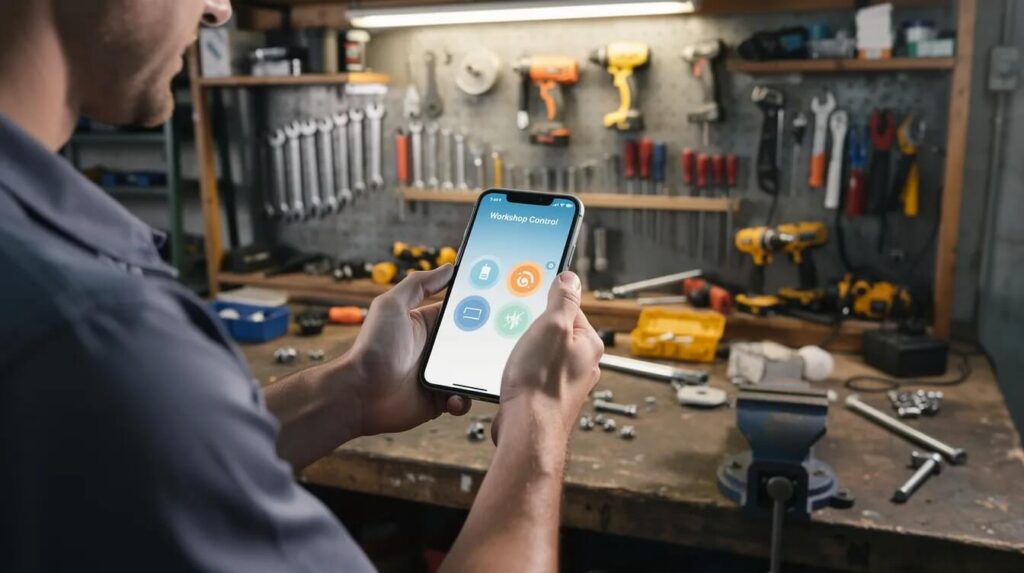 A person stands in a workshop environment, actively using a smartphone app while surrounded by various tools and equipment. This scene highlights the integration of technology in occupational skills training and workforce innovation, showcasing resources available for job seekers and participants in training programs.