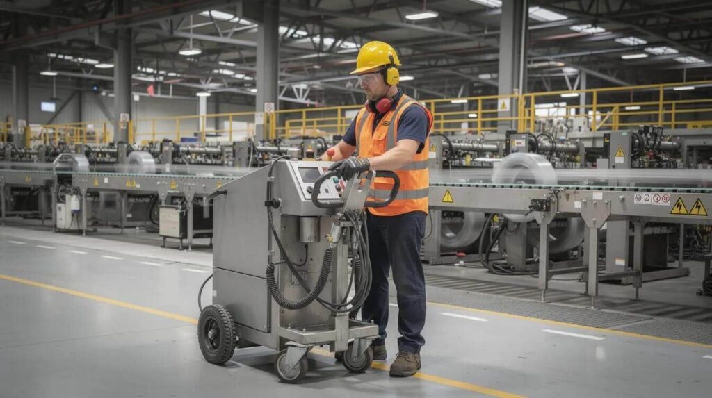 A worker in safety gear is operating industrial maintenance equipment within a busy manufacturing facility